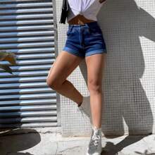 Women's Mom Jean Shorts High Waist Comfortable Premium Quality Elegant Casual - 深色水洗藍 - 查看 2
