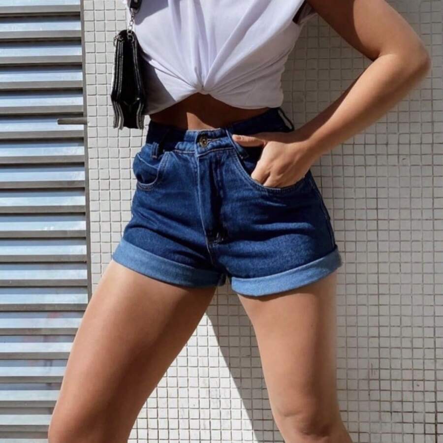 Women's Mom Jean Shorts High Waist Comfortable Premium Quality Elegant Casual - 深色水洗藍 - 查看 1