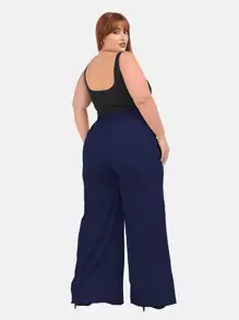 Wide Leg Trousers Plus Size Formal High Waist Tailored Elastic - 藏蓝色 - 查看 3