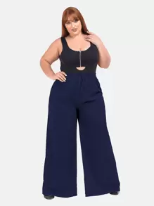 Wide Leg Trousers Plus Size Formal High Waist Tailored Elastic - 藏蓝色 - 查看 4