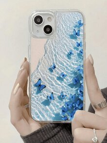 1pc Creative Blue Beach Butterfly Pattern Transparent Shockproof Phone Case Compatible With Iphone 16 Pro Max, 11/12/13/14 Plus, XR/7/8 Plus - Black - View 3