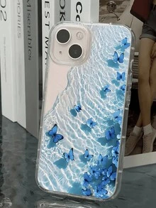 1pc Creative Blue Beach Butterfly Pattern Transparent Shockproof Phone Case Compatible With Iphone 16 Pro Max, 11/12/13/14 Plus, XR/7/8 Plus - Black - View 2