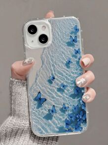 1pc Creative Blue Beach Butterfly Pattern Transparent Shockproof Phone Case Compatible With Iphone 16 Pro Max, 11/12/13/14 Plus, XR/7/8 Plus - Black - View 1