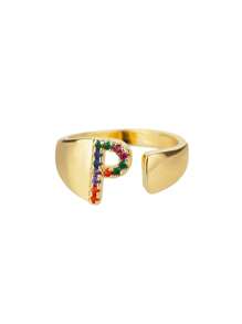 1 Pc Fashion Colorful Zirconia A-Z Letter Ring For Women Gold Color Stainless Steel Geometric Open Initial Ring Wedding Engagement Jewelry Party Gift