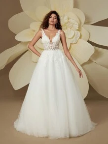 HEARBOBO 新年优雅V领露背奢华3D立体花卉婚纱