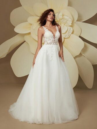 HEARBOBO New Year Graceful V Neck Backless Luxury 3D Floral Wedding Dresses Bridal