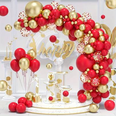 115pcs Red And Gold Balloon Garland Kit, Red Metallic Gold Balloon Arch Kit With Gold Confetti Balloon For Valentine's Day Wedding Birthday Engagement Anniversary Party Decoration, Back To School Valentine Day