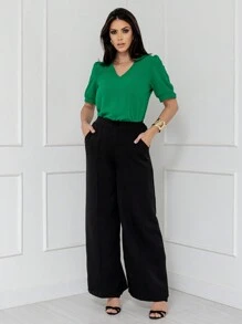 Smile Fashion Women's Social Blouse Short Sleeve With Lace Dune Fabric - màu xanh lá - Xem 5