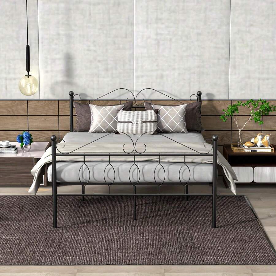 King/Double Size Metal Bed Frame Modern Platform Wooden Slat Support