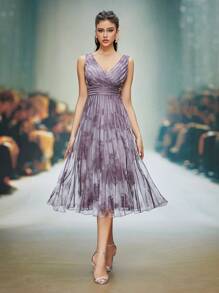 Mgiacy V-Neck Printed Mesh Ruffle Hem Luxury Evening Dress Party Dress Wedding Guest Dress Formal Dress