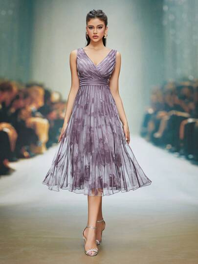 Mgiacy V-Neck Printed Mesh Ruffle Hem Luxury Evening Dress Party Dress Wedding Guest Dress Formal Dress