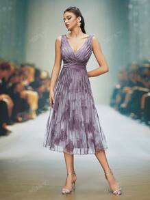 Vestido de noite luxuoso com decote em V e bainha de babados em malha estampada Mgiacy Vestido de festa Vestido de convidado de casamento Vestido formal