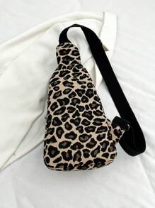 Mini Solid Color Minimalist Luxurious Corduroy Leopard Print Chest Bag, Fashion Cheetah Print Bag For Women Leopard Comeback - Khaki - View 7