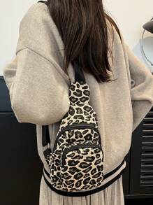 Mini Solid Color Minimalist Luxurious Corduroy Leopard Print Chest Bag, Fashion Cheetah Print Bag For Women Leopard Comeback - Khaki - View 3