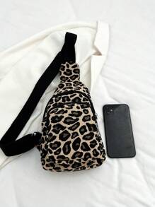 Mini Solid Color Minimalist Luxurious Corduroy Leopard Print Chest Bag, Fashion Cheetah Print Bag For Women Leopard Comeback - Khaki - View 6