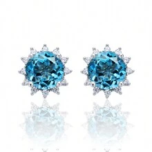 一对 S925 银镀铂金天然蓝水晶耳环适合女性日常佩戴珠宝礼物 - 藍色 - 查看 7