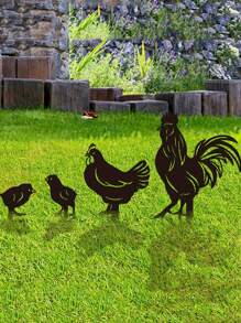 1 套金属鸡家族 4 尊雕像，圣诞节节日装饰，动物木桩饰品，花园鸡木桩，户外花园雕像，金属鸡花园木桩，适用于农场、牧场、花园装饰、感恩节礼物 - 黑色 - 查看 4