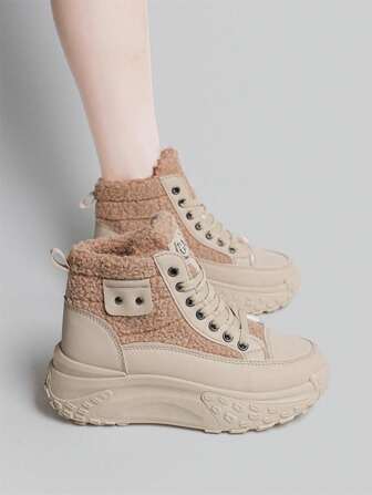 2024 Winter New Women Snow Boots With Faux Lamb Wool Lining, Warm, High-Top, Thick Sole, Lace-Up, Casual/Sports Style, Versatile Fashion Shoes
