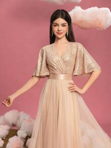 Teen Girl Elegant Sequin Formal Dress With Flutter Sleeves & Voluminous Tulle A-Line Hem – Perfect For Graduation Proms