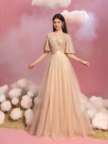 Teen Girl Elegant Sequin Formal Dress With Flutter Sleeves & Voluminous Tulle A-Line Hem – Perfect For Graduation Proms