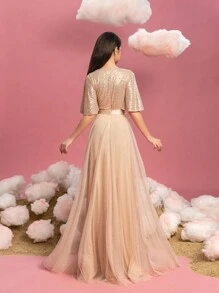 Teen Girl Elegant Sequin Formal Dress With Flutter Sleeves & Voluminous Tulle A-Line Hem – Perfect For Graduation Proms