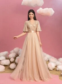Teen Girl Elegant Sequin Formal Dress With Flutter Sleeves & Voluminous Tulle A-Line Hem – Perfect For Graduation Proms