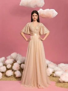 Teen Girl Elegant Sequin Formal Dress With Flutter Sleeves & Voluminous Tulle A-Line Hem – Perfect For Graduation Proms