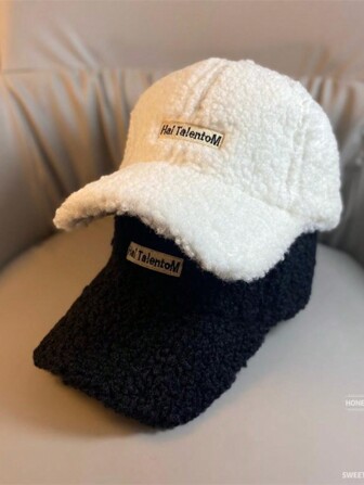 Unisex Plush Baseball Cap With Adjustable Hook-And-Loop, Letter Print, Sherpa Lined, Autumn/Winter