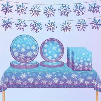 冬季雪花纸盘和餐巾、横幅、桌布一次性餐具套装适用于圣诞节冬季仙境新年生日派对装饰用品