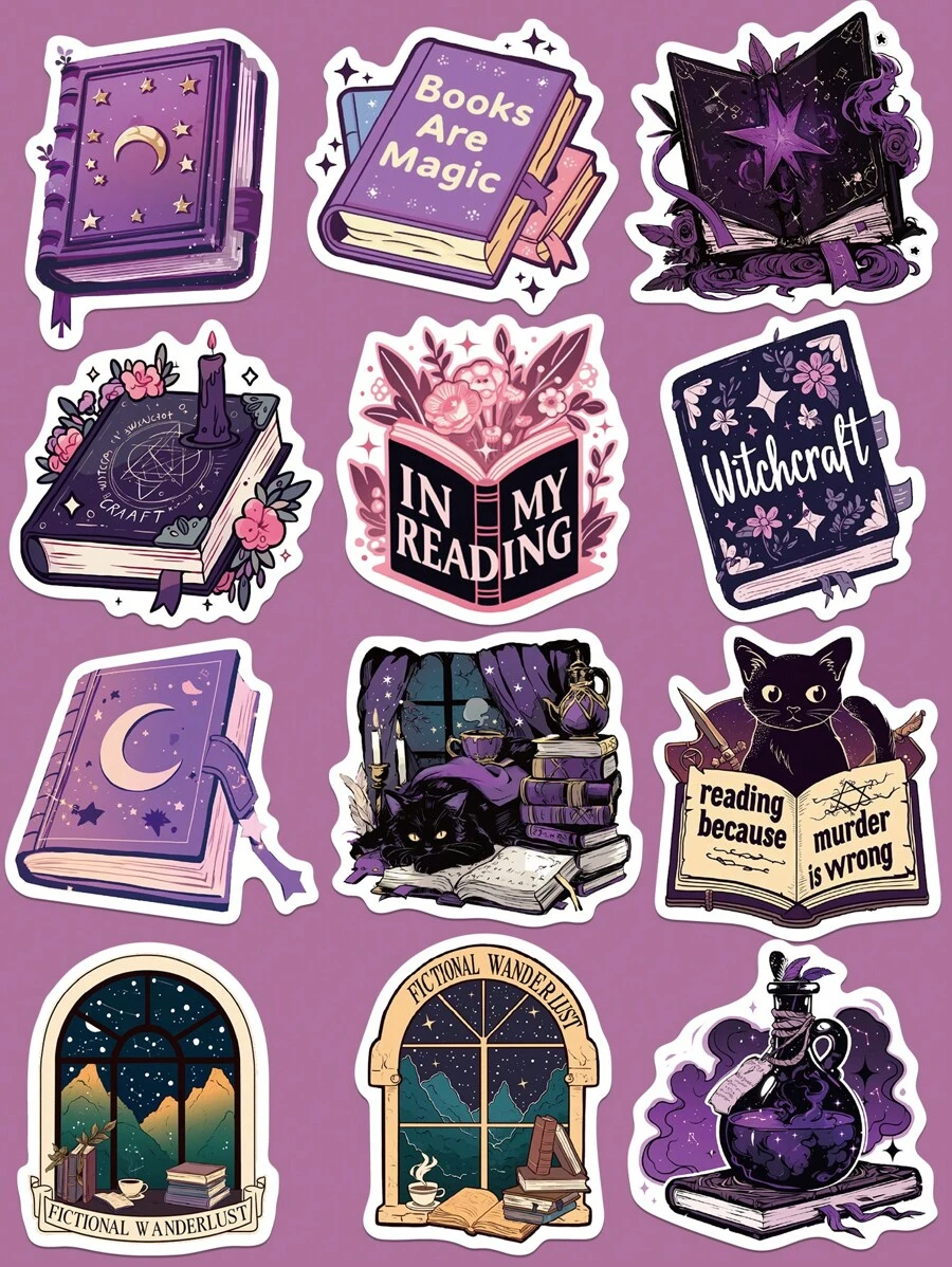 50pcs Bookish Sticker Dark Purple Witch Mage Book Pharmacist Read Book Stickers For Water Bottle Laptop Guitar Skateboard Phone Decals Stickers