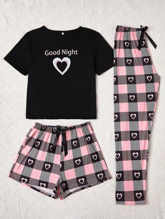 3pcs Letter, Heart & Plaid Print Pajama Set, Including Round Neck Short Sleeve T-Shirt, Elastic Waist Shorts And Casual Pants, Comfortable Sleepwear For Women