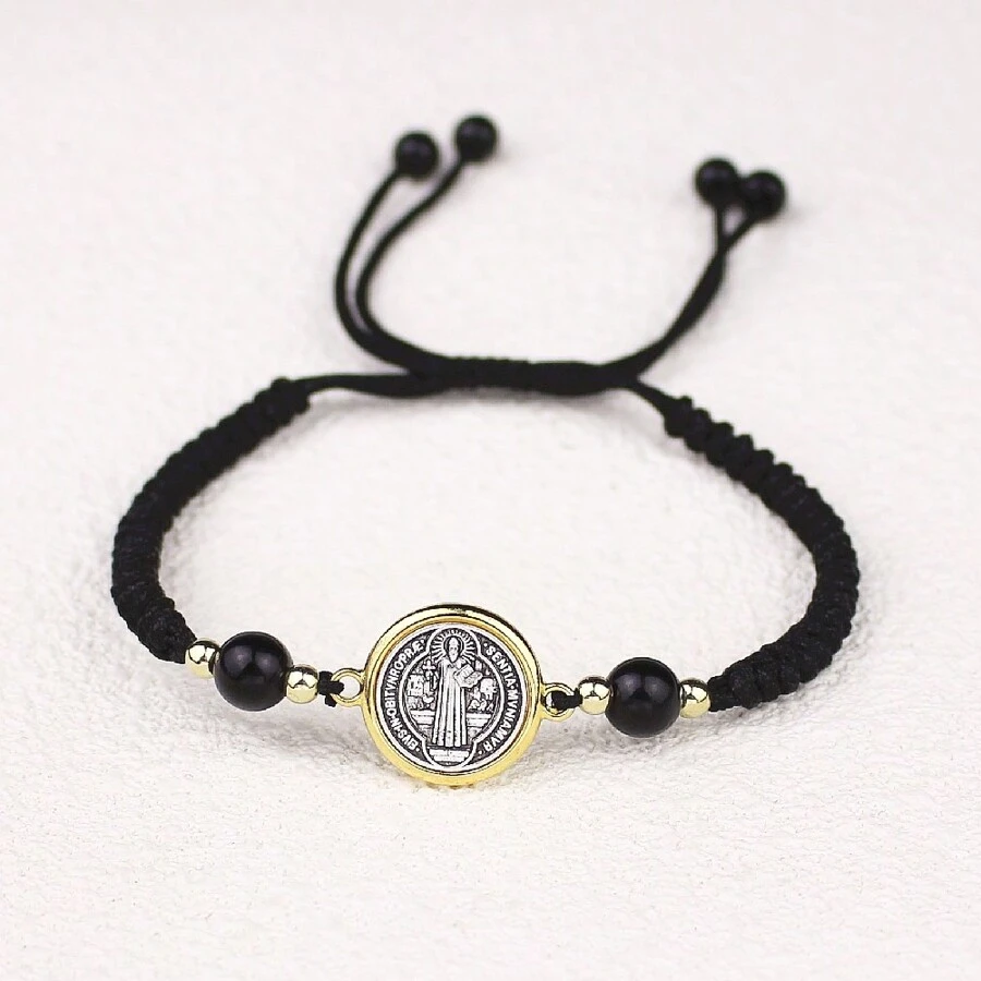 Elegant Men's Fashion Saint Benedict Bracelet - Zinc Alloy, Non-Magnetic, Adjustable Black Rope Cord - Round - View 1