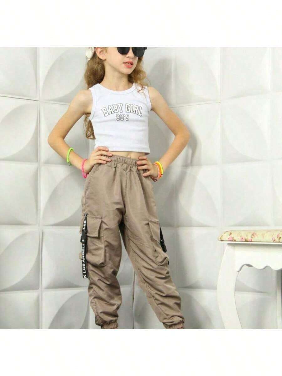 SHEIN KIDS Women's Kids Jogger Cargo Bomber Pants Tactel Fabric Unisex Youth Model - 米色 - 查看 1