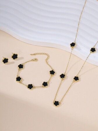 4入組簡約時尚五瓣花青銅項鍊手鍊耳環套裝女士配件,適合日常穿著/約會/畢業禮物