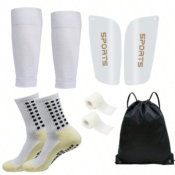 5pcs/Set Soccer Accessories Set: Waterproof Drawstring Bag, Soccer Leg Warmers, Shin Guards With Board, Mid-Calf Grip Socks Football Socks, Leg Compression Wrap For Sports Training, For Gym