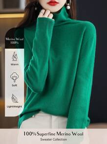 女式 100% 美利奴羊毛无缝毛衣高领秋冬保暖柔软针织复古毛衣长袖针织套头衫上衣 - 綠色 - 查看 1