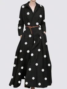 ZANZEA Womens V Neck Long Sleeve Polka Dot Long Dress Party Casual Pleated Loose A-Line Dresses - 黑色 - 查看 2