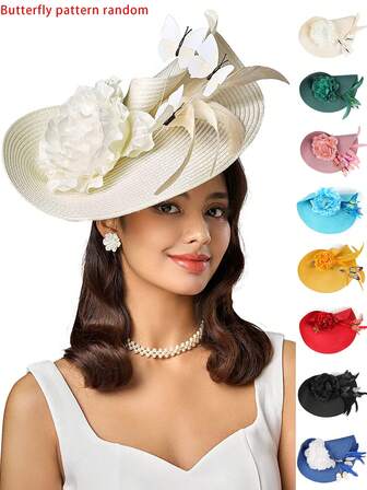 1 件装茶会迷人帽子，适合女士肯塔基头饰德比药盒宽边帽，适合鸡尾酒婚礼（蝴蝶图案随机）