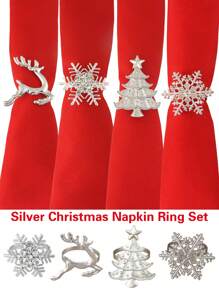 4pcs, Silver Christmas Napkin Ring Assortment Set, Christmas Snowflakes, Christmas Fawns, Christmas Tree Napkin Rings - Silver - View 7