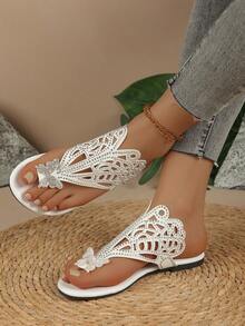 女士新款蝴蝶装饰平底凉鞋，假日闪亮夏季舒适简约时尚平底凉鞋 - 米色 - 查看 2