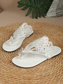 女士新款蝴蝶装饰平底凉鞋，假日闪亮夏季舒适简约时尚平底凉鞋 - 米色 - 查看 8