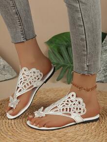 女士新款蝴蝶装饰平底凉鞋，假日闪亮夏季舒适简约时尚平底凉鞋 - 米色 - 查看 5