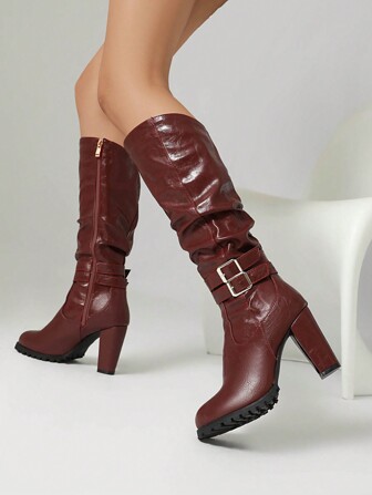 European & American Style Over-The-Knee Boots, Super High Heel, Side Zipper, Chunky Heel, Waterproof, Slimming, Buckle Accent, Red