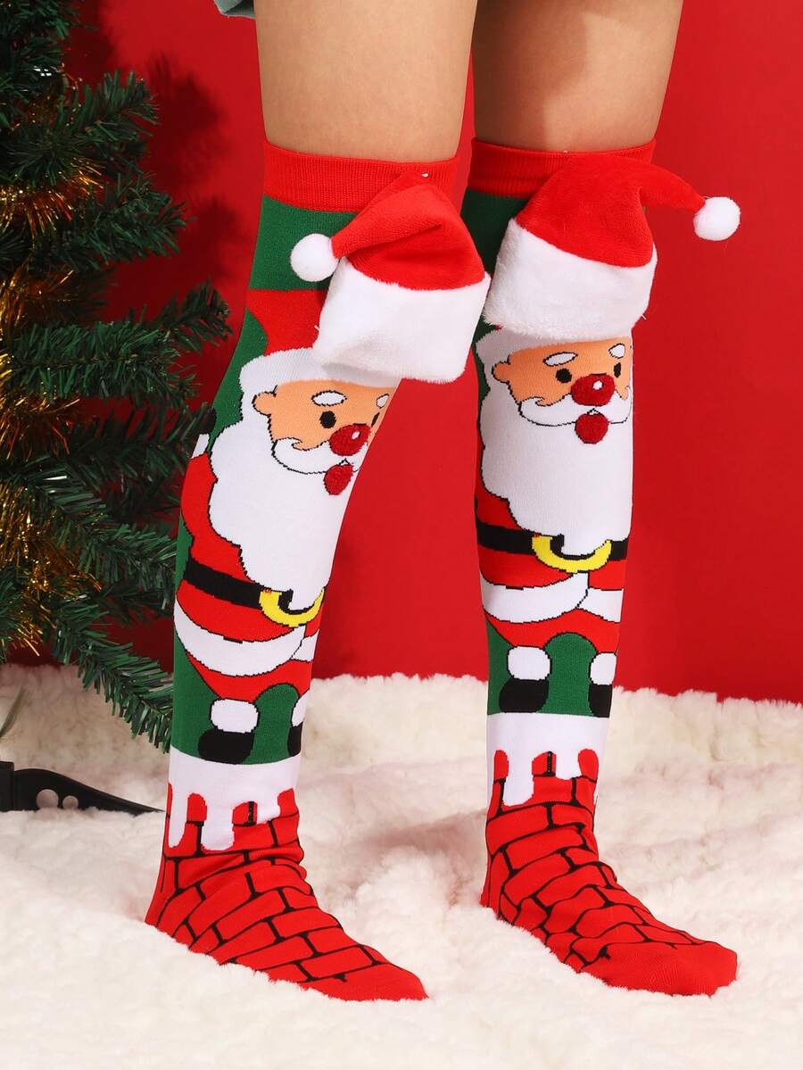 1 Pair Of Red And Green Christmas Socks Are Cute, Suitable For