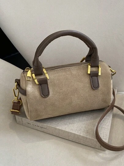 Premium Stylish Handbag For Women, New Versatile Round Zipper Shoulder Messenger Bag, Suede PU Leather Boston Bag, Perfectly Matching With Fall Outfits Women