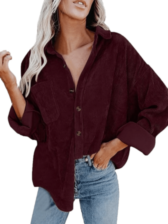 Scacto Solid Color Lapel Regular Straight Sleeve Corduroy Shirt, Daily Commute Home Party Fashion Wear