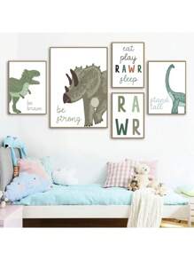 1pc Boy Room Wall Art Print Cartoon Dinosaur Roar Quotes Nursery Canvas Painting Nordic Poster Wall Pictures Kids Room School Decor No Frame - Multicolor - View 4