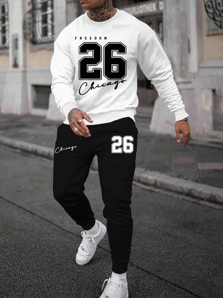 2pcs Sweatsuit Set For Men, Casual Pants And Printed Sweatshirt, Versatile Regular Fit - Black - View 1