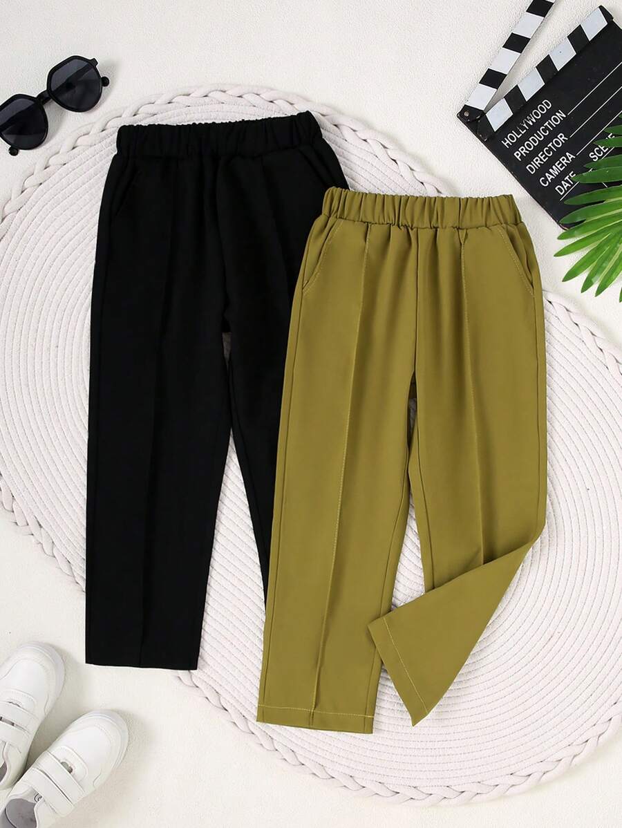 2 peças Menino Cor Sólida Casual Solto Confortável Calças de Sarja, Adequado para Casacos