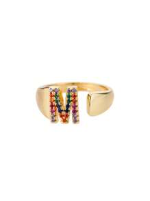1 Pc Fashion Colorful Zirconia A-Z Letter Ring For Women Gold Color Stainless Steel Geometric Open Initial Ring Wedding Engagement Jewelry Party Gift